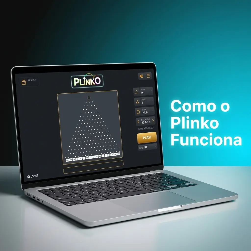 Diagrama mostrando como funciona o Plinko: bolinha caindo por pinos até caixas com multiplicadores