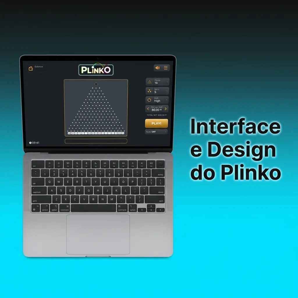 Interface do jogo Plinko com campo triangular de pinos, multiplicadores na base e controles de aposta acessíveis